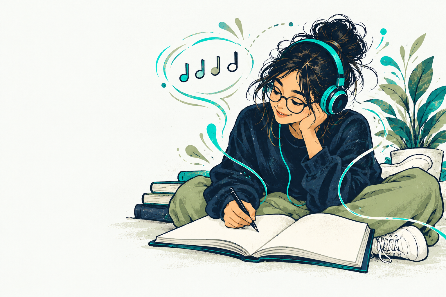 A student using music as a starting point while working in her notebook