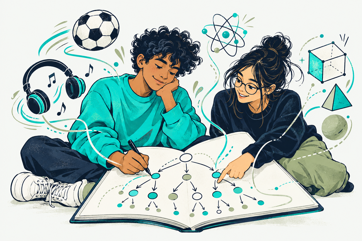 Two students connecting music, sport and science with diagrams in a notebook