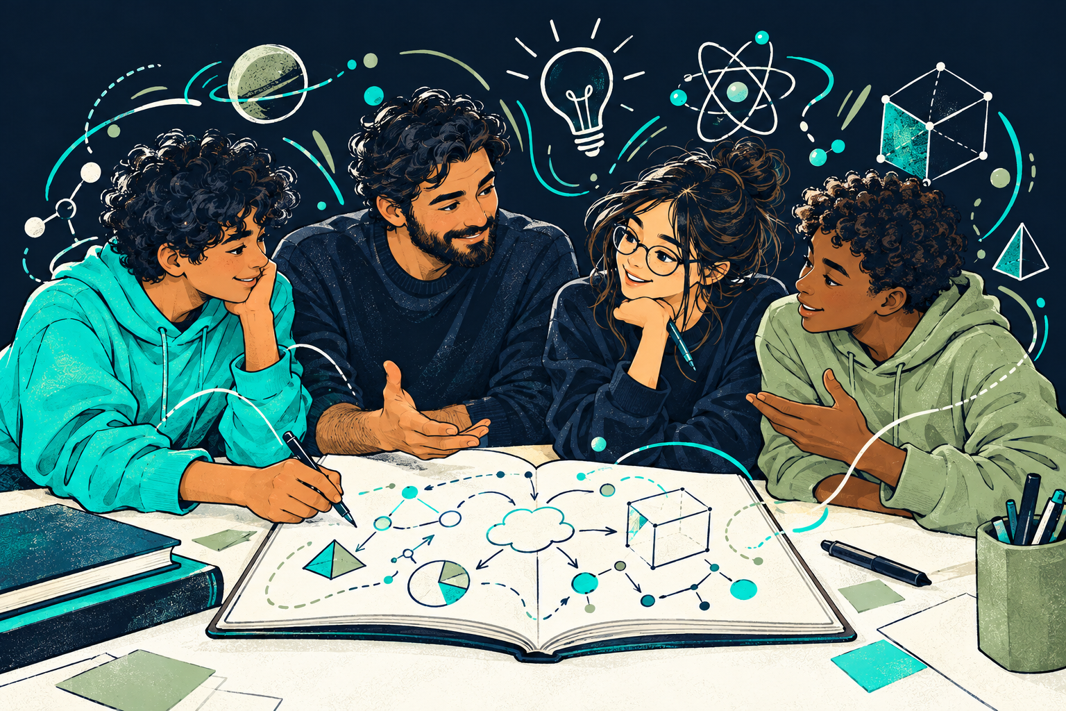 A teacher and students talking through ideas together at a table