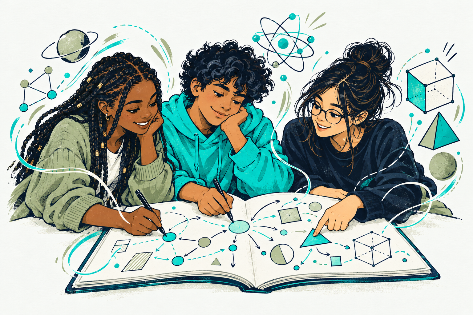 Three students drawing connections together in an open notebook